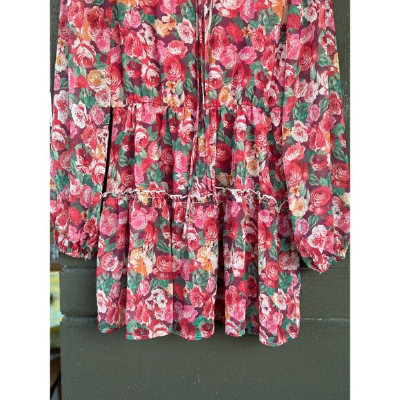 Peach Love California Feminine Chic Pink Floral Long Sleeve Mini Dress Medium - Picture 3 of 7
